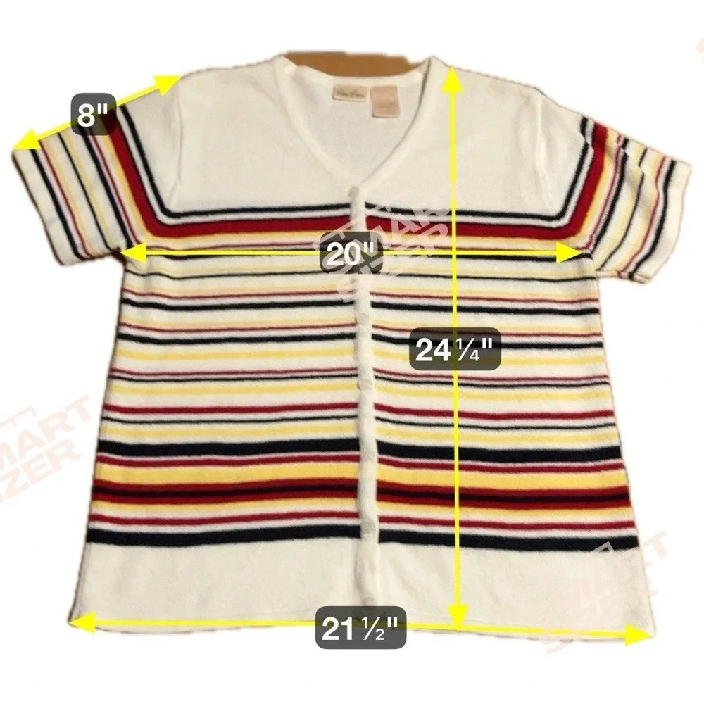 Bobbie Brooks Short Sleeve Striped Knit Cardigan, Cream Red Blue, Women's Large